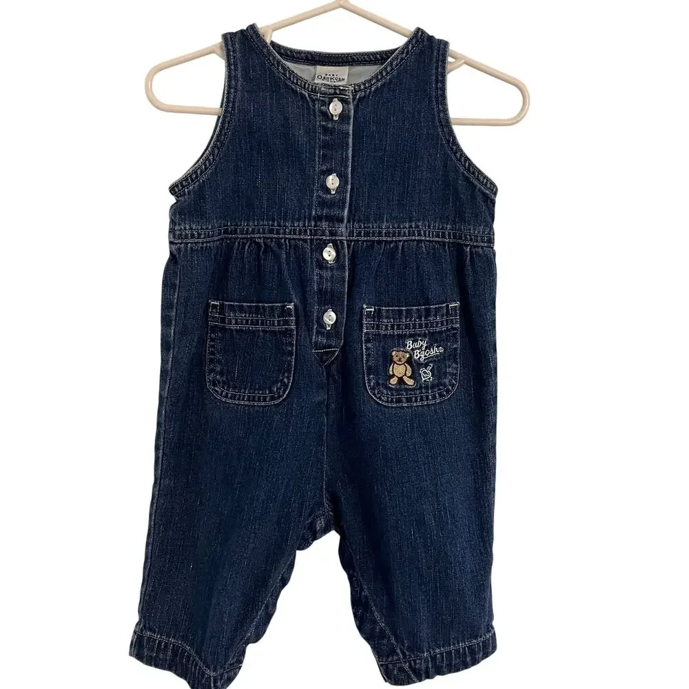 Vintage Baby OshKosh B'Gosh Blue Denim Overalls Romper Teddy Bear 3-6 Months